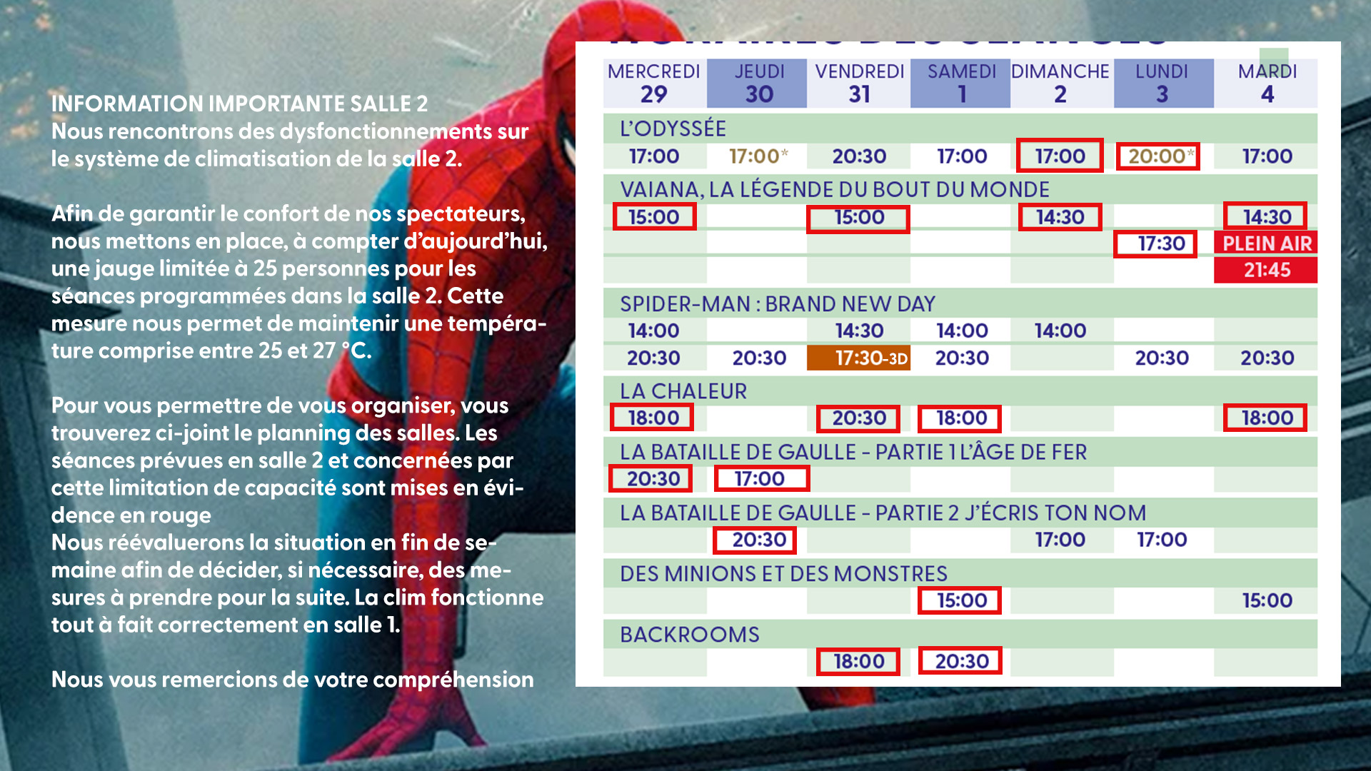 information importante climatisation salle 2